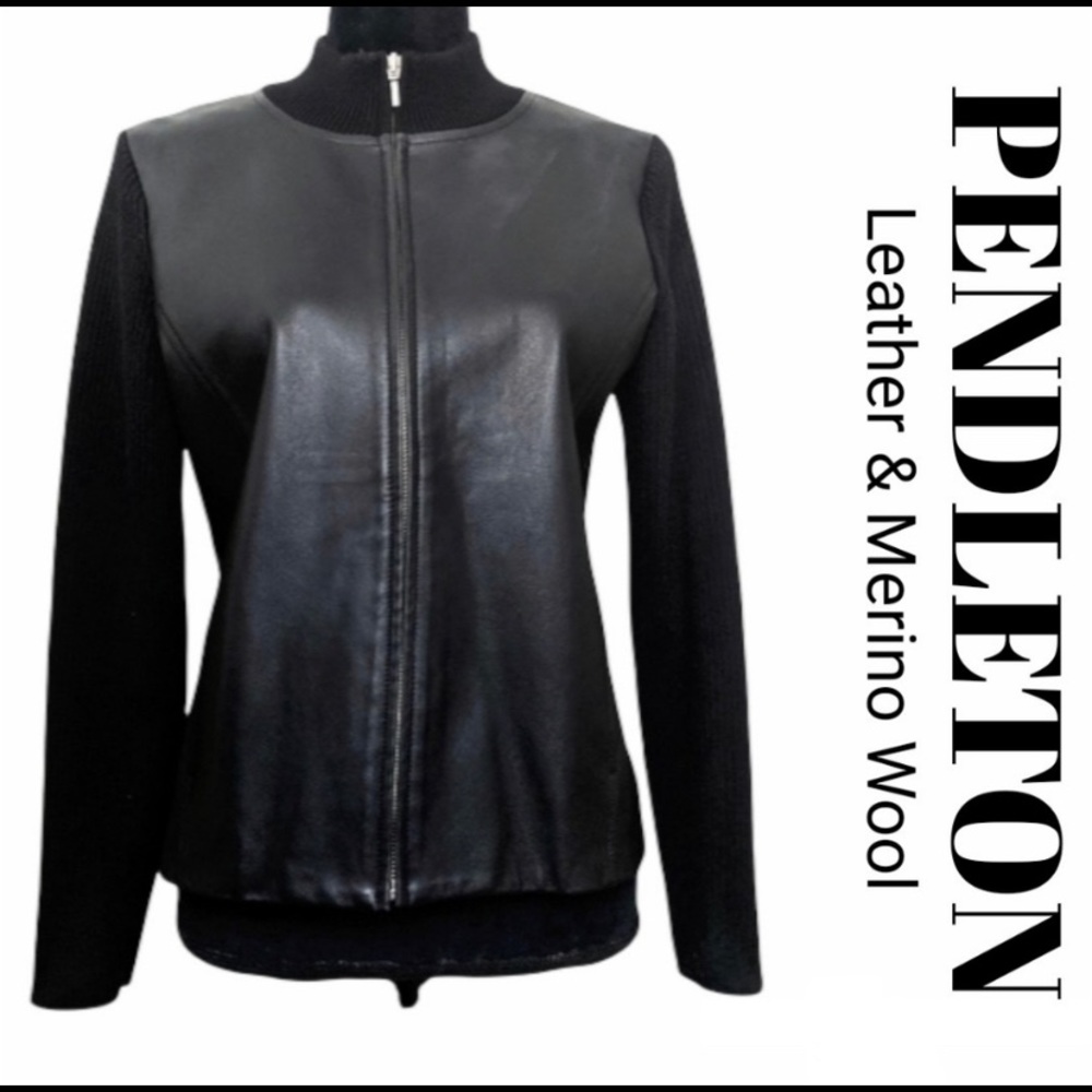 Pendleton Black Leather & Merino Wool Zip Up Jacket L